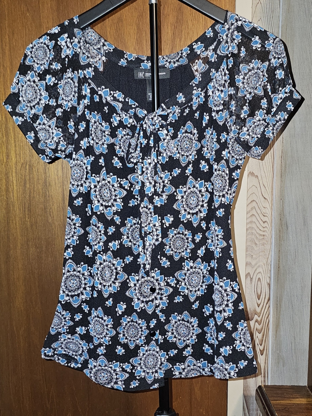 INC International Concepts Black Floral Medallion Tie-Front Top